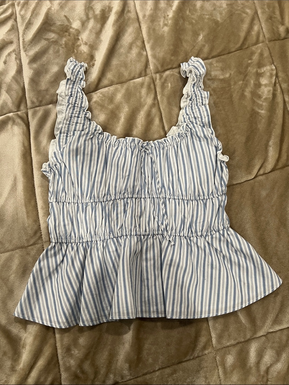 Blue & White Striped Smocked Peplum Tank Top